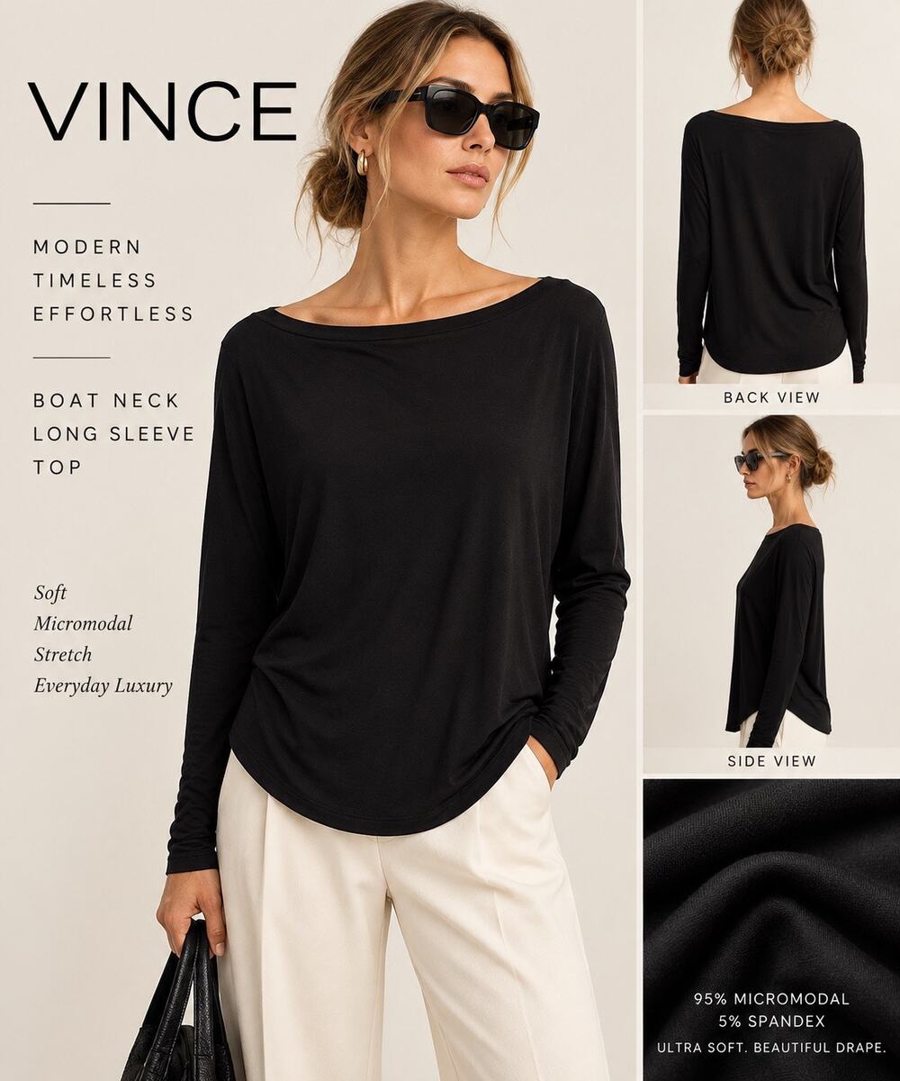 Quiet Luxury Minimalist Capsule Vince Boat Neck Micromodal Long Sleeve Top Black